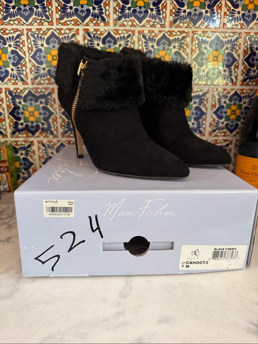 Marc Fisher Black Faux-Fur Cuffed Pointed-Toe Ankle Boots